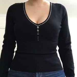 CACHÉ Black V-neck Sweater with Rhinestones (M/L)
